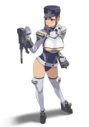 Rule 34 | 1girl, absurdres, atlus, baka guruo, breasts, brown hair, covered erect nipples, full body, gouketsuji ichizoku, groove on fight, highres, large breasts, legs, leotard, pile bunker, police, police uniform, policewoman, red eyes, sega, serious, short hair, solis r8000, solo, standing, thighhighs, thighs, transparent background, underboob, uniform, white thighhighs