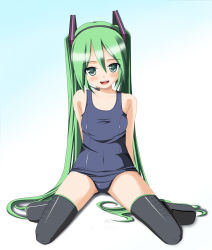 Rule 34 | 1girl, arms behind back, black thighhighs, blush, breasts, colorized, green eyes, green hair, hatsune miku, highres, hoshino sora, long hair, looking at viewer, matching hair/eyes, one-piece swimsuit, open mouth, school swimsuit, small breasts, smile, solo, swimsuit, thighhighs, twintails, very long hair, vocaloid