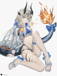 1girl absurdres aqua_eyes arknights blue_sailor_collar crop_top flame-tipped_tail grey_background grey_footwear grey_hair grey_shirt high_heels highres horns knee_up long_hair mackia midriff navel official_alternate_costume reed_(arknights) reed_the_flame_shadow_(summer_flowers)_(arknights) sailor_collar sandals shirt solo stomach tail thigh_strap thighs very_long_hair