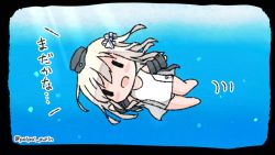 Rule 34 | 1girl, air bubble, bare shoulders, blush, bow, bubble, chibi, commentary request, full body, garrison cap, hair bow, hair ornament, hat, jacket, kantai collection, long hair, looking at viewer, one-piece swimsuit, open mouth, poipoi purin, school swimsuit, smile, solo, submerged, swimming, swimsuit, swimsuit under clothes, translation request, u-511 (kancolle), underwater, white one-piece swimsuit