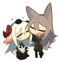 Rule 34 | 2girls, animal ears, black gloves, chibi, closed eyes, cowboy shot, ghost (tama), gloves, goat ears, goat girl, goat horns, grey hair, headpat, highres, horns, long hair, multiple girls, open mouth, original, simple background, tail, white background, white hair, wolf ears, wolf girl, wolf tail