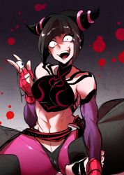 Rule 34 | 1girl, abs, alternate color, bad id, bad pixiv id, baggy pants, bare shoulders, barefoot, belt, black hair, black panties, blood, blood splatter, breasts, chinese clothes, constricted pupils, crazy eyes, crazy smile, detached sleeves, drill hair, dudou, eyeball, fingerless gloves, fingernails, gloves, guro, hair ornament, han juri, indian style, large breasts, leggings, long fingernails, looking at viewer, marimo (yousei ranbu), midriff, nail polish, navel, open mouth, panties, panties over pantyhose, pants, pantyhose, purple leggings, red nails, short twintails, sitting, smile, solo, street fighter, street fighter iv (series), teeth, toes, twin drills, twintails, underwear