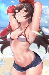 Rule 34 | 1girl, absurdres, amber (genshin impact), arched back, beach, bikini, bikini top only, blue shorts, blush, breasts, breasts apart, brown eyes, brown hair, collarbone, genshin impact, hair ribbon, highres, kirima (user danf8787), looking to the side, medium breasts, navel, ocean, parted lips, red ribbon, ribbon, shorts, skindentation, smile, solo, stomach, swimsuit, water, white bikini