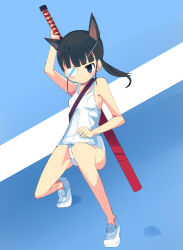 Rule 34 | 1girl, animal ears, black hair, blue eyes, eyepatch, female focus, full body, gradient background, kanikama, no socks, official alternate costume, one-piece swimsuit, ponytail, sakamoto mio, school swimsuit, solo, strike witches, swimsuit, sword, tail, weapon, white one-piece swimsuit, white school swimsuit, world witches series