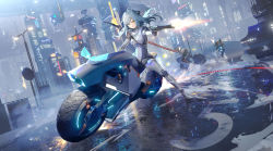 Rule 34 | 1girl, 2others, ahoge, android, black pants, blue hair, bodysuit, building, closed mouth, commentary, english commentary, finger on trigger, firing, floating hair, gun, hair between eyes, handgun, headgear, highres, holding, holding gun, holding weapon, jacket, joints, lamppost, long hair, motor vehicle, motorcycle, multiple others, neon trim, open clothes, open jacket, orange eyes, original, pants, revolver, road sign, robot joints, sa&#039;yuki, sign, skyscraper, smoke, sparks, sword, sword behind back, weapon, weapon on back, white bodysuit, white jacket