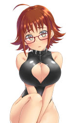 Rule 34 | 1girl, ahoge, aimobake, black one-piece swimsuit, blush, brown eyes, cleavage cutout, clothing cutout, glasses, hairband, highres, idolmaster, idolmaster cinderella girls, knee up, looking at viewer, nishijima kai, one-piece swimsuit, parted lips, red-framed eyewear, red hairband, short hair, simple background, sitting, solo, swimsuit, v arms, white background