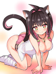 Rule 34 | 1girl, ahoge, all fours, animal ears, bell, black hair, blush, braid, breasts, cat ears, cat girl, cat tail, cleavage, closed mouth, cougar (cougar1404), hair intakes, hashtag-only commentary, jewelry, leo (cougar1404), looking at viewer, loose socks, medium breasts, mole, mole under eye, multi-strapped panties, multicolored hair, necklace, original, panties, pink hair, pink panties, shirt, short hair, side braids, smile, socks, solo, spaghetti strap, tail, two-tone hair, underwear, wedgie, white shirt, white socks, yellow eyes