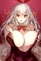 Rule 34 | 1girl, bad id, bad pixiv id, blush, bow, bowtie, grabbing another&#039;s breast, breasts, cross, dress, earrings, grabbing, gradient background, huge breasts, jewelry, k (li), leotard, long hair, looking at viewer, original, playboy bunny, pointy ears, red eyes, silver hair, sketch, smile, solo, tongue, tongue out