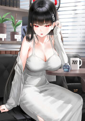 Rule 34 | 1girl, alternate costume, bare shoulders, black hair, black halo, blue archive, blunt bangs, blush, bow, breasts, cleavage, commentary, couch, cup, dress, grey dress, hair ornament, hairclip, halo, highres, kfr, long hair, looking at viewer, medium breasts, on couch, parted lips, plant, potted plant, red bow, red eyes, rio (blue archive), sitting, sleeves past wrists, solo, very long hair