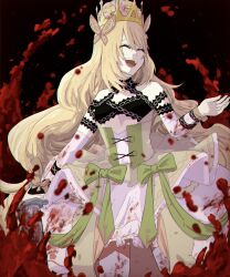 Rule 34 | 1girl, black background, blonde hair, blood, blood on clothes, butterfly hair ornament, celine (fire emblem), closed eyes, corset, crown, dress, fire emblem, fire emblem engage, hair ornament, highres, long hair, looking to the side, love so sweetst, nintendo, open mouth, ribbon, smile, solo, very long hair, wavy hair