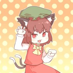 Rule 34 | 1girl, :3, :d, absurdres, animal ear fluff, animal ear piercing, animal ears, blush stickers, bow, bowtie, brown hair, cat ears, cat tail, chen, commentary request, cowboy shot, earrings, fang, frills, gradient background, hands up, hat, highres, jewelry, long sleeves, looking at viewer, medium hair, mob cap, multiple tails, nekomata, open mouth, orange background, paw pose, polka dot, polka dot background, puffy long sleeves, puffy sleeves, red eyes, red skirt, red vest, simple background, single earring, skirt, skirt set, slit pupils, smile, solo, tail, touhou, two tails, v-shaped eyebrows, vest, yellow bow, yellow bowtie, zenerat
