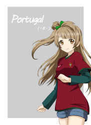 Rule 34 | 10s, 1girl, 2014 fifa world cup, bad id, bad pixiv id, blush, bow, brown eyes, brown hair, casual, cowboy shot, hair bow, long hair, long sleeves, love live!, love live! school idol project, minami kotori, one side up, portugal, shorts, smile, soccer uniform, solo, sportswear, world cup, zuihou (hechen121)