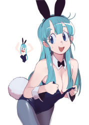 Rule 34 | 2girls, :d, angry, animal ears, bare shoulders, blue eyes, blue hair, bow, bowtie, bulma, detached collar, dragon ball, dragon ball (classic), fake animal ears, fake tail, fang, highres, leotard, long hair, multiple girls, oolong, open mouth, playboy bunny, rabbit ears, rabbit tail, shapes, sho-n-d, skin fang, smile, solo focus, sweatdrop, tail, undressing, wrist cuffs