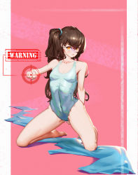 Rule 34 | 1girl, absurdres, blue nails, breasts, brown hair, clenched hand, closed mouth, commentary request, competition swimsuit, covered erect nipples, covered navel, fingernails, full body, girls&#039; frontline, highres, kneeling, long hair, looking at viewer, nail polish, one-piece swimsuit, pink background, sign, small breasts, solo, swimsuit, ta03545, ump45 (girls&#039; frontline), warning sign, white one-piece swimsuit, yellow eyes