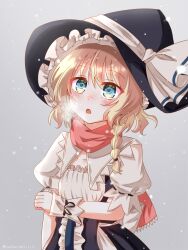 Rule 34 | 1girl, arm at side, arm under breasts, artist name, black hat, blonde hair, blue eyes, blush, braid, breath, center frills, collarbone, d:, flat chest, frills, grey background, hat, hat ribbon, highres, kirisame marisa, looking up, nose blush, open mouth, puffy sleeves, red scarf, ribbon, scarf, short hair, side braid, simple background, snow, snowing, solo, toufuoishiiiiii, touhou, upper body, white ribbon, witch hat, wrist cuffs