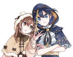 Rule 34 | 2girls, blue eyes, blue hair, bow, brown eyes, brown hair, capelet, clipe, crossed arms, ear piercing, earrings, fang, hololive, hololive english, hood, jewelry, long hair, looking at viewer, multiple girls, nanashi mumei, nanashi mumei (casual), official alternate costume, open mouth, ouro kronii, ouro kronii (casual), piercing, short hair, skin fang, triangle mouth, tug, upper body, virtual youtuber