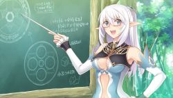 Rule 34 | 1girl, :d, altina (shining blade), aqua bow, armpits, arrow (symbol), bare shoulders, bespectacled, blade arcus from shining, blue eyes, bow, breasts, center opening, chalkboard, circle, cleavage, cleavage cutout, clothing cutout, day, detached sleeves, drawing, elf, eyebrows, fingernails, forest, frilled sleeves, frills, fringe trim, game cg, glasses, hair between eyes, hair ornament, half updo, hand on own hip, happy, hexagram, holding, leaf, long hair, looking at viewer, looking to the side, medium breasts, nature, navel, navel cutout, non-web source, open mouth, out of frame, outdoors, pointer, pointy ears, red-framed eyewear, shining (series), shining blade, silver hair, small breasts, smile, solo, star (symbol), star of david, stomach, teacher, teaching, teeth, text focus, tongue, tony taka, tree, triangle, upper body