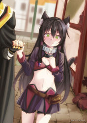 Rule 34 | 10s, 1boy, 1girl, @ @, absurdres, animal ear fluff, animal ears, artist name, beads, belt pouch, bike shorts, black hair, black shorts, black skirt, blush, cat ears, cat tail, closed mouth, collar, cowboy shot, cropped jacket, diablo (isekai maou), fingerless gloves, gloves, green eyes, hair beads, hair between eyes, hair ornament, hair tubes, hand on own chest, height difference, highres, holding hands, isekai maou to shoukan shoujo no dorei majutsu, jewelry, long hair, long sleeves, metal collar, navel, nose blush, pouch, rem galleu, ring, rock, shorts, skirt, solo focus, standing, tail, tnolize, very long hair, wavy mouth, wedding band