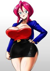 Rule 34 | 1girl, absurdres, alternate color, belt, black skirt, blue eyes, breasts, cleavage, clenched hand, creatures (company), elite four, female focus, game freak, glasses, hair ornament, hand on own hip, highres, jacket, kyuugata, large breasts, legs, legs together, long hair, looking at viewer, lorelei (pokemon), nintendo, pencil skirt, poke ball, pokemon, pokemon (anime), pokemon (classic anime), ponytail, purple hair, skirt, smile, solo, standing, strapless
