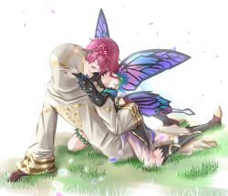 Rule 34 | 1boy, 1girl, boots, butterfly wings, cloak, closed mouth, commission, couple, fire emblem, fire emblem heroes, flower, gloves, hair flower, hair ornament, hetero, highres, hood, hood up, hooded cloak, insect wings, kiran (fire emblem), kiran (male) (fire emblem), kiss, leather, leather gloves, nintendo, purple hair, second-party source, skeb commission, toriyoshi (mmxn3582), triandra (fire emblem), wings