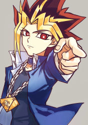 Rule 34 | 1boy, absurdres, bad id, bad pixiv id, blonde hair, dyed bangs, foreshortening, grey background, highres, jacket, jewelry, jojo no kimyou na bouken, jojo pose, liangchanxingmingrixiang, male focus, millennium puzzle, multicolored hair, muto yugi, necklace, pointing, red eyes, red hair, simple background, solo, yami yugi, yu-gi-oh!