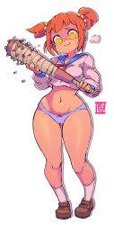 Rule 34 | 1girl, :3, anger vein, angry, artist name, baseball bat, blood, blue panties, blue sailor collar, blush, bow, bow panties, breasts, breath, brown footwear, character cutout, closed mouth, collarbone, crop top, drop shadow, empty eyes, female focus, full body, gluteal fold, hair ornament, hair scrunchie, hands up, happy, highres, holding, holding weapon, light blush, long sleeves, looking down, mole, mole under eye, nail, nail bat, navel, neckerchief, orange hair, outline, panties, poptepipic, popuko, red neckerchief, sailor collar, school uniform, scrunchie, serafuku, shiny skin, shirt, shoes, short hair, sidelocks, signature, simple background, skindentation, small breasts, smile, socks, solo, standing, starmilk, stomach, thick thighs, thighs, transparent background, two-handed, two side up, underwear, weapon, white outline, white shirt, white socks, wide hips, yellow eyes
