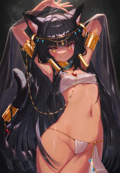 Rule 34 | 1girl, animal ears, ankh, armlet, armpits, arms up, bastet (mythology), black hair, blunt bangs, blush, breasts, cat ears, cat girl, cat tail, closed mouth, dancer, dark-skinned female, dark skin, egyptian, egyptian clothes, egyptian mythology, fang, gold, harem outfit, highres, komiya nigi, long hair, looking at viewer, navel, original, panties, revealing clothes, sidelocks, sling bikini top, small breasts, smile, solo, standing, stomach, tail, tail ornament, tail ring, underwear, usekh collar, very long hair, white panties, yellow eyes
