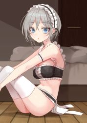 Rule 34 | 1girl, :o, anastasia (idolmaster), armband, armpits, bandeau, bed, blanket, blue eyes, blush, breasts, collarbone, crop top, frill trim, frills, hair between eyes, headdress, highres, idolmaster, idolmaster cinderella girls, indoors, knees up, looking at viewer, maid, maid headdress, medium breasts, navel, open mouth, rum raisin (chihiromakita19), short hair, sitting, sleeveless, solo, thighhighs, white thighhighs
