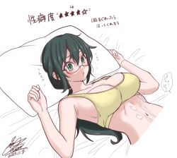 Rule 34 | 1girl, bed, breasts, cleavage, collarbone, cototiworld, cum, cum on body, cum on stomach, dated, glasses, green eyes, green hair, highres, large breasts, long hair, lying, navel, on back, on bed, parted lips, pillow, signature, simple background, solo, sports bra, tessou tsuzuri, toaru majutsu no index, translation request, white background, yellow sports bra