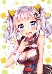 Rule 34 | 1girl, blue eyes, blush, breasts, cleavage, cleavage cutout, clothing cutout, commentary request, hair ornament, highres, hoshimelon, kaguya luna, looking at viewer, medium breasts, obi, open mouth, ribbon, sash, short hair, silver hair, sleeveless, smile, solo, sparkling eyes, the moon studio, twintails, upper body, virtual youtuber, wrist ribbon, x hair ornament