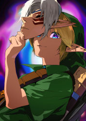Rule 34 | 1boy, blonde hair, blue eyes, closed mouth, fierce deity, green hat, green tunic, hat, holding, holding mask, ikuchan kaoru, link, looking at viewer, male focus, mask, nintendo, pointy ears, sheath, sheathed, shield, shield on back, simple background, solo, sword, the legend of zelda, the legend of zelda: majora&#039;s mask, tunic, upper body, weapon, weapon on back, young link
