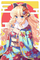 Rule 34 | 1girl, absurdres, black bow, blonde hair, blue eyes, blue flower, blue kimono, blush, bow, brown flower, closed mouth, commentary request, egasumi, floral print, flower, fur collar, hair bow, hair flower, hair ornament, highres, holmemee, japanese clothes, kimono, long hair, long sleeves, looking at viewer, nail polish, pointy ears, ponytail, princess connect!, print kimono, red background, red flower, red nails, saren (princess connect!), smile, solo, two-tone background, very long hair, wide sleeves, yellow background