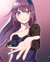 Rule 34 | 1girl, bare shoulders, black sleeves, blue dress, blue eyes, blue flower, blurry, blurry foreground, depth of field, dress, flower, hair ornament, highres, kaikistride, long sleeves, looking at viewer, monogatari (series), outstretched arm, purple hair, senjougahara hitagi, sleeveless, smile, solo