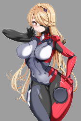 Rule 34 | 1girl, absurdres, blonde hair, bodysuit, breasts, covered navel, era (erasion), eyepatch, grey background, hair ornament, hair over one eye, hairclip, hand on own hip, highres, long hair, looking at viewer, medium breasts, nemesis (tower of fantasy), sign, skin tight, solo, thighs, tower of fantasy