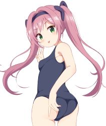 Rule 34 | 1girl, ass, blue one-piece swimsuit, breasts, clothes pull, green eyes, hair between eyes, hair ornament, hair ribbon, hairband, headband, highres, long hair, looking back, misaki sango, one-piece swimsuit, one-piece swimsuit pull, pink hair, re:stage!, ribbon, rst hoshinono, school swimsuit, simple background, small breasts, solo, standing, swimsuit, thighs, tongue, tongue out, twintails, v, white background