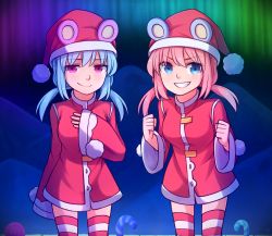 Rule 34 | aurora, blue eyes, blue hair, candy, candy cane, clenched hands, coat, commentary, ears through headwear, english commentary, eyes visible through hair, food, grin, hair between eyes, hand on own chest, hat, highres, lollipop, long hair, long sleeves, looking at viewer, low twintails, mountain, nieve (rabi ribi), nixie (rabi ribi), pink eyes, pink hair, pom pom (clothes), rabi-ribi, santa costume, santa hat, sleeves past wrists, smile, speckticuls, striped clothes, striped legwear, striped thighhighs, swirl lollipop, teeth, thighhighs, twintails, v-shaped eyebrows, wide sleeves