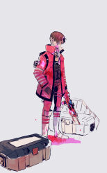 Rule 34 | 1boy, animification, apex legends, blood, blood on face, boots, box, brown eyes, brown hair, crypto (apex legends), death box (apex legends), grey background, gun, hand in pocket, holding, holding gun, holding weapon, jacket, knee boots, light machine gun, looking down, male focus, masshiro, pants, pink jacket, pink pants, pool of blood, simple background, sketch, solo, standing, weapon, white footwear, x-55 devotion