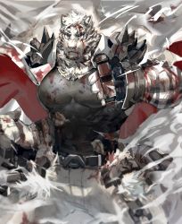 Rule 34 | 1boy, absurdres, animal ears, arknights, bara, black tank top, blood, blood stain, blue eyes, covered abs, covered navel, facial hair, feet out of frame, fighting stance, furry, furry male, goatee, highres, injury, jacket, jacket on shoulders, large pectorals, looking at viewer, male focus, mountain (arknights), muscular, muscular male, neumo, nosebleed, pants, pectorals, scar, scar across eye, scar on face, serious, short hair, shoulder spikes, smoke, solo, spikes, tank top, thick eyebrows, tiger boy, tiger ears, white fur, white hair, white pants
