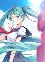 Rule 34 | 1girl, anniversary, aqua eyes, aqua hair, black skirt, blush, character name, closed mouth, commentary, finger to mouth, from side, hair ribbon, hatsune miku, highres, index finger raised, long hair, looking at viewer, matsuuni, pleated skirt, ribbon, school uniform, serafuku, short sleeves, skirt, smile, solo, twintails, very long hair, vocaloid, white background