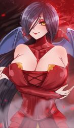 Rule 34 | 1girl, absurdres, adventurequest, artix entertainment, bat wings, black hair, breasts, cleavage cutout, clothing cutout, crossed arms, dress, hair over one eye, highres, large breasts, long hair, looking at viewer, lovertee arts, red background, red dress, safiria (adventurequest worlds), smile, smoke, solo, vampire, wings, yellow eyes, yellow pupils