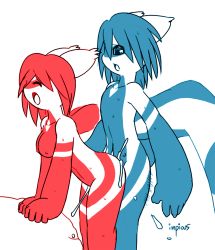 Rule 34 | animal ears, artist name, ass, blue hair, breasts, creatures (company), cum, cum in pussy, closed eyes, furry, game freak, gen 3 pokemon, impious (artist), latias, latios, leaning, legendary pokemon, monster, nintendo, nipples, no humans, nude, open mouth, pokemon, pokemon (creature), red hair, sex, standing, standing sex, sweat, wings