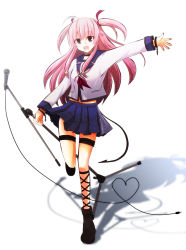 Rule 34 | 10s, 1girl, ahoge, angel beats!, ankle lace-up, bad id, bad pixiv id, belt, choker, cross, cross-laced footwear, demon tail, female focus, heart, long hair, microphone, microphone stand, morino kaede, pink eyes, pink hair, school uniform, serafuku, short twintails, solo, tail, thigh strap, twintails, two side up, yui (angel beats!)