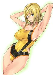 Rule 34 | 1girl, armpits, arms behind head, arms up, ashiomi masato, blonde hair, blue eyes, breasts, guilty gear, guilty gear xrd, large breasts, long hair, looking at viewer, millia rage, one-piece swimsuit, solo, swimsuit