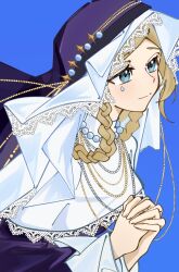 Rule 34 | 1girl, blonde hair, blue background, blue eyes, braid, chahu lililala, dress, from side, hand up, highres, interlocked fingers, jewelry, looking ahead, ms. moissan, necklace, nun, official alternate costume, own hands together, purple dress, reverse:1999, smile, solo, teardrop facial mark, traditional nun, twin braids, upper body, wimple
