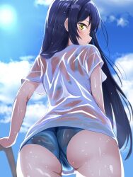 Rule 34 | 1girl, ass, bikini, blue hair, blush, borgbutler, cloud, cloudy sky, cowboy shot, highres, holding, long hair, looking at viewer, looking back, love live!, love live! school idol project, open mouth, outdoors, shirt, skirt, sky, solo, sonoda umi, swimsuit, wet, wet clothes, wet shirt, yellow eyes