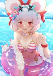 Rule 34 | 1girl, absurdres, animal ears, bikini, blue sky, blush, bow, breasts, choker, cloud, day, eyewear on head, flower, frilled bikini, frills, granblue fantasy, hair bow, hair flower, hair ornament, highres, looking at viewer, medium breasts, mouse (animal), mouse ears, navel, ocean, open mouth, outdoors, red bow, red eyes, red scrunchie, scal2let, scrunchie, sky, solo, star-shaped eyewear, star (symbol), striped bikini, striped clothes, sunglasses, swimsuit, vikala (blooming summer wallflower) (granblue fantasy), vikala (granblue fantasy), white bikini, white choker, wrist scrunchie