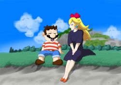 Rule 34 | 1boy, 1girl, absurdres, blonde hair, blouse, blue sky, bow, breasts, brown hair, cosplay, crossover, dress, earrings, facial hair, full body, grass, grin, highres, jewelry, kiki (majo no takkyuubin), laughing, long hair, majo no takkyuubin, mario, mario (series), mountain, mustache, nintendo, parody, princess peach, shirt, sitting, sky, smile, striped clothes, striped shirt, super mario bros. 1, tombo (majo no takkyuubin), witch