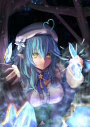 Rule 34 | 1girl, absurdres, ahoge, beret, blue coat, blue hair, breasts, clenched hand, coat, commentary request, elf, flower, fur-trimmed coat, fur trim, hair between eyes, hair flower, hair ornament, half updo, hat, heart, heart ahoge, highres, hololive, huge filesize, ice, looking at viewer, medium breasts, micon, night, pointy ears, solo, staring, tree, virtual youtuber, white hat, yellow eyes, yukihana lamy