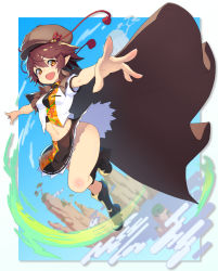 Rule 34 | 1girl, adapted costume, black footwear, black necktie, black skirt, boots, breasts, brown eyes, brown hair, brown hat, brown jacket, cabbie hat, commentary request, frilled skirt, frills, geta, happy, hat, jacket, jacket on shoulders, leaf print, midriff, miniskirt, navel, necktie, no panties, open mouth, outstretched arms, pointy ears, puffy short sleeves, puffy sleeves, red ribbon, ribbon, shameimaru aya, shameimaru aya (newsboy), shirt, short hair, short sleeves, skirt, small breasts, stomach, taketora suzume, tassel, tengu, tengu-geta, tie clip, touhou, white shirt