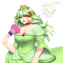 Rule 34 | &gt; &lt;, 1boy, 1girl, absurdres, boo (mario), bootler, bow, bow (paper mario), breasts, cleavage, collarbone, commentary, crown, daypoo, dress, english commentary, english text, eyelashes, facial hair, fang, feather fan, folding fan, gem, green dress, green eyes, green hair, hair bow, hand fan, highres, large breasts, lipstick, long hair, looking at viewer, makeup, mario (series), mustache, neck ribbon, nintendo, off-shoulder dress, off shoulder, paper mario, paper mario 64, personification, red bow, ribbon, speech bubble, strapless, strapless dress, super crown, wavy hair, white background, wide sleeves